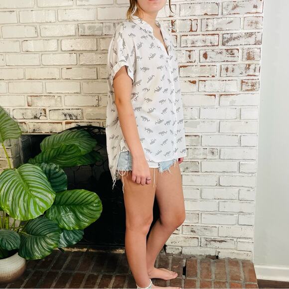 Jane & Delancey White Black Animal Print Short Sleeve Drop Shoulder Button Down - Picture 3 of 6